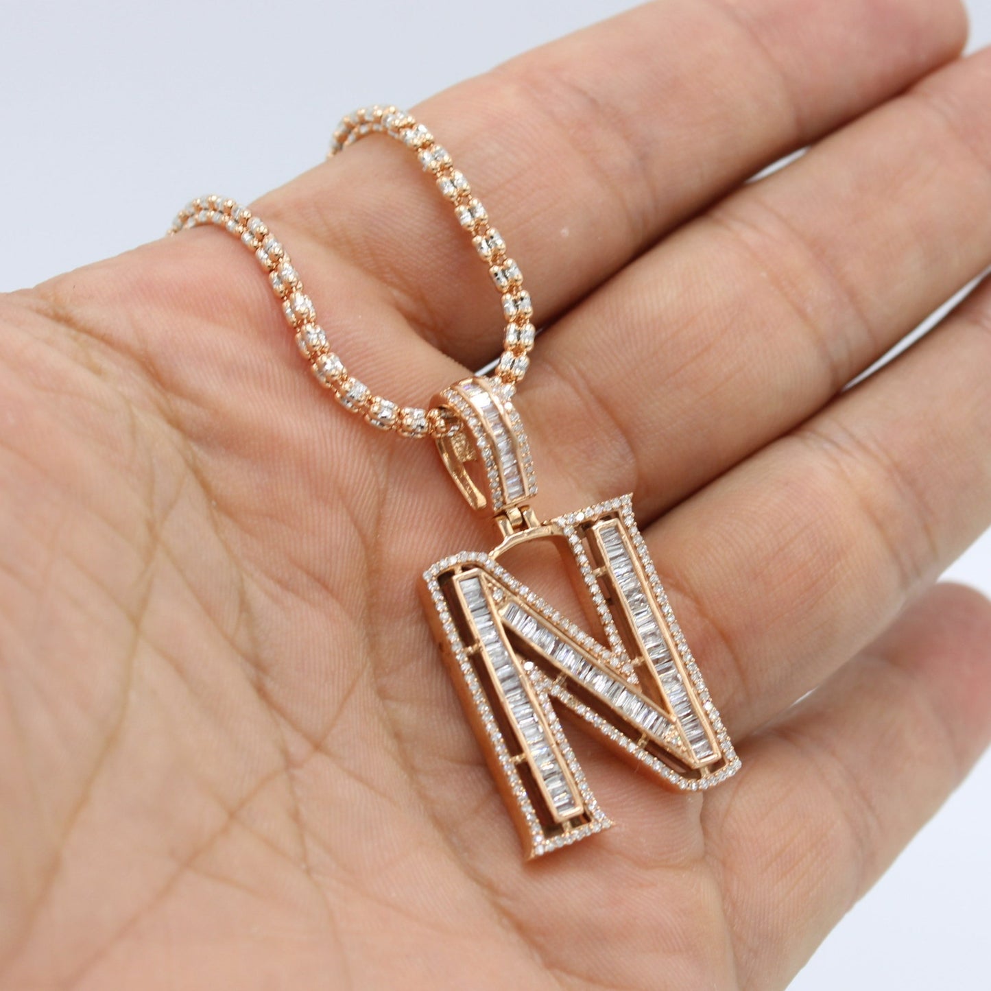 14K VS Diamond / Baguette Initial Name Letter Pendant With Ice Chain Rose Gold