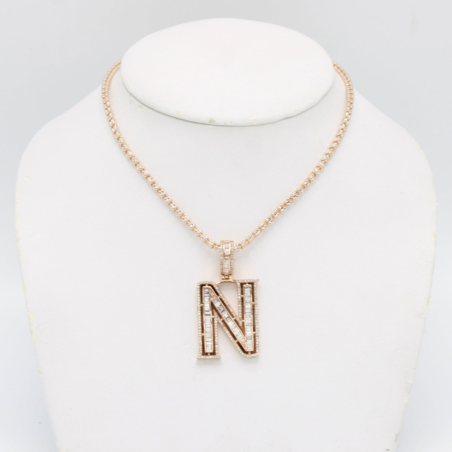 14K VS Diamond / Baguette Initial Name Letter Pendant With Ice Chain Rose Gold
