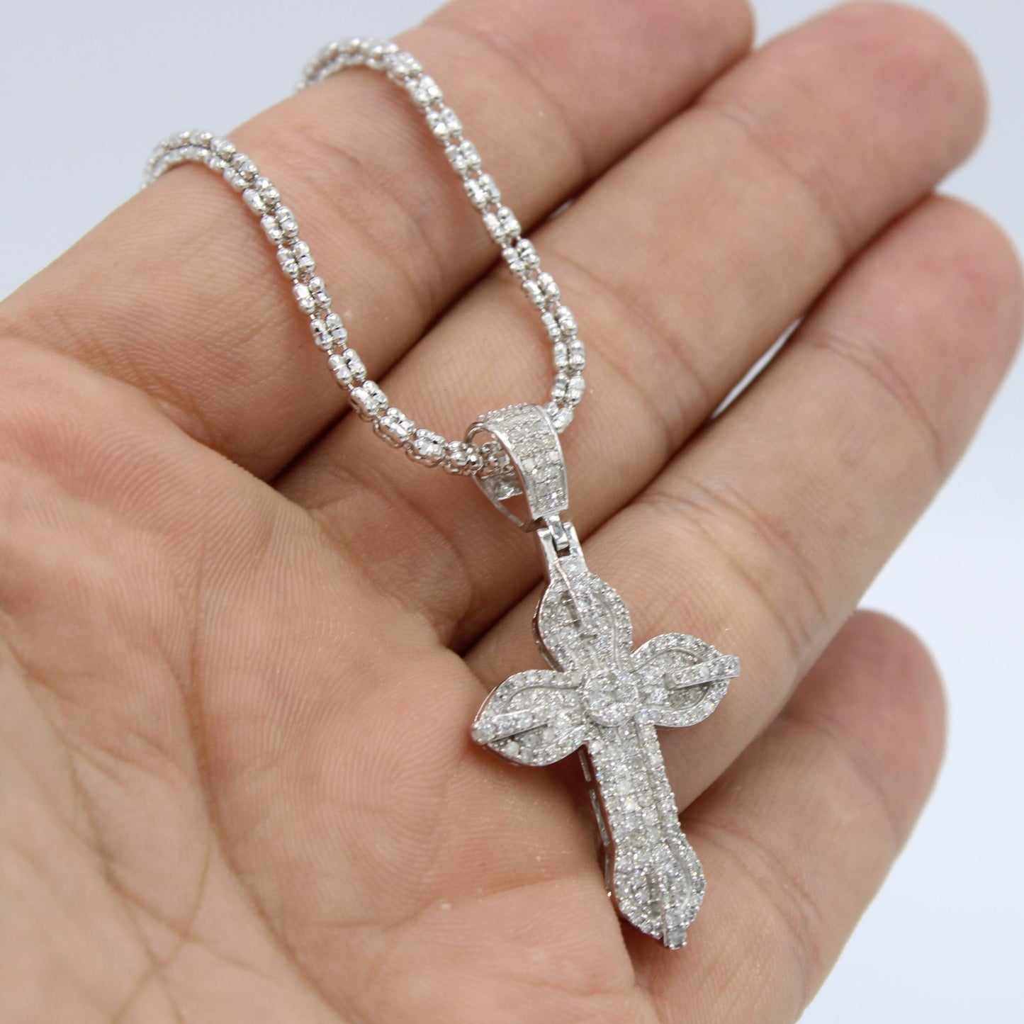 14K VS Diamond Cross Pendant With Ice Chain White Gold