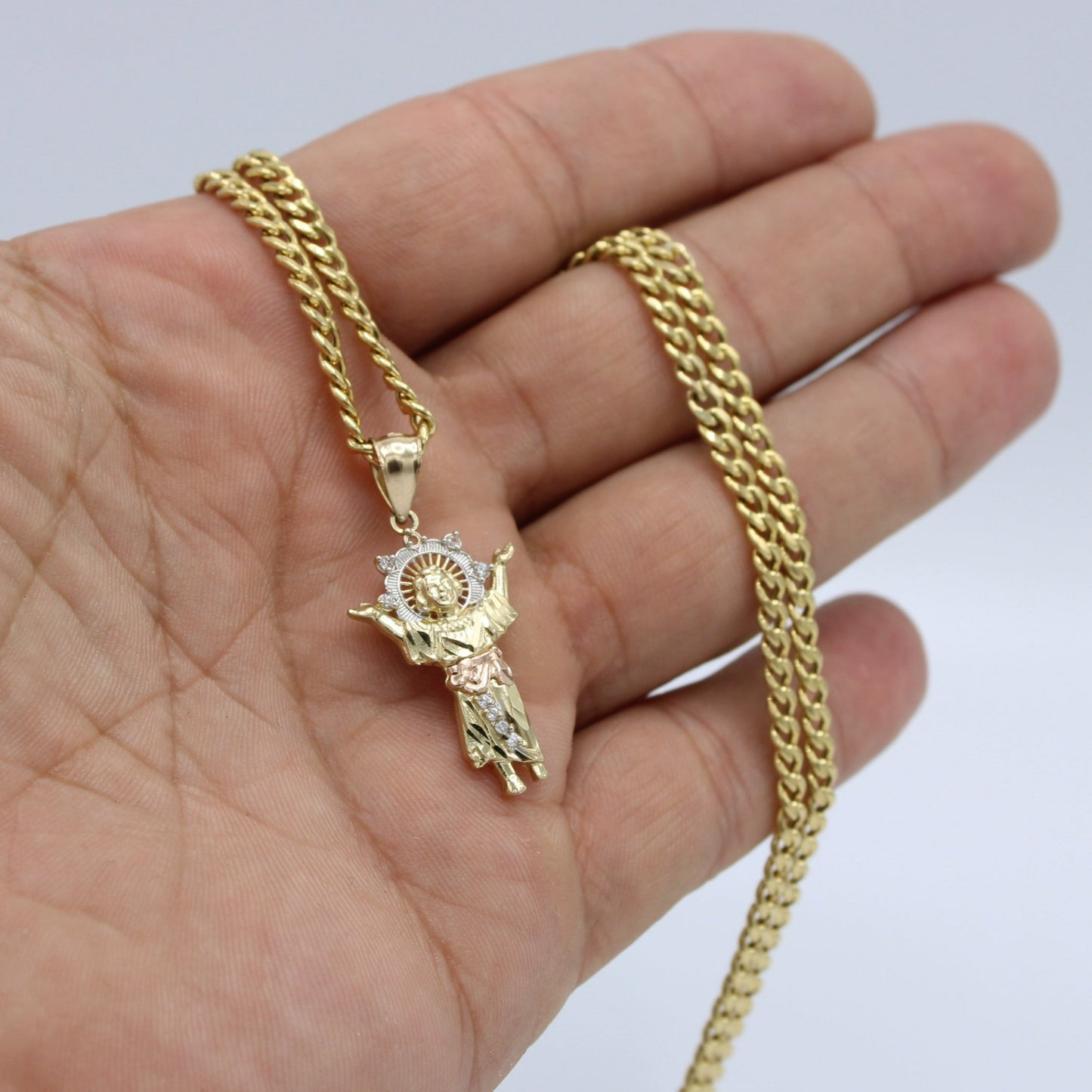 14K Divino Nino Pendant Three Tones with Miami Cuban Chain Yellow Gold