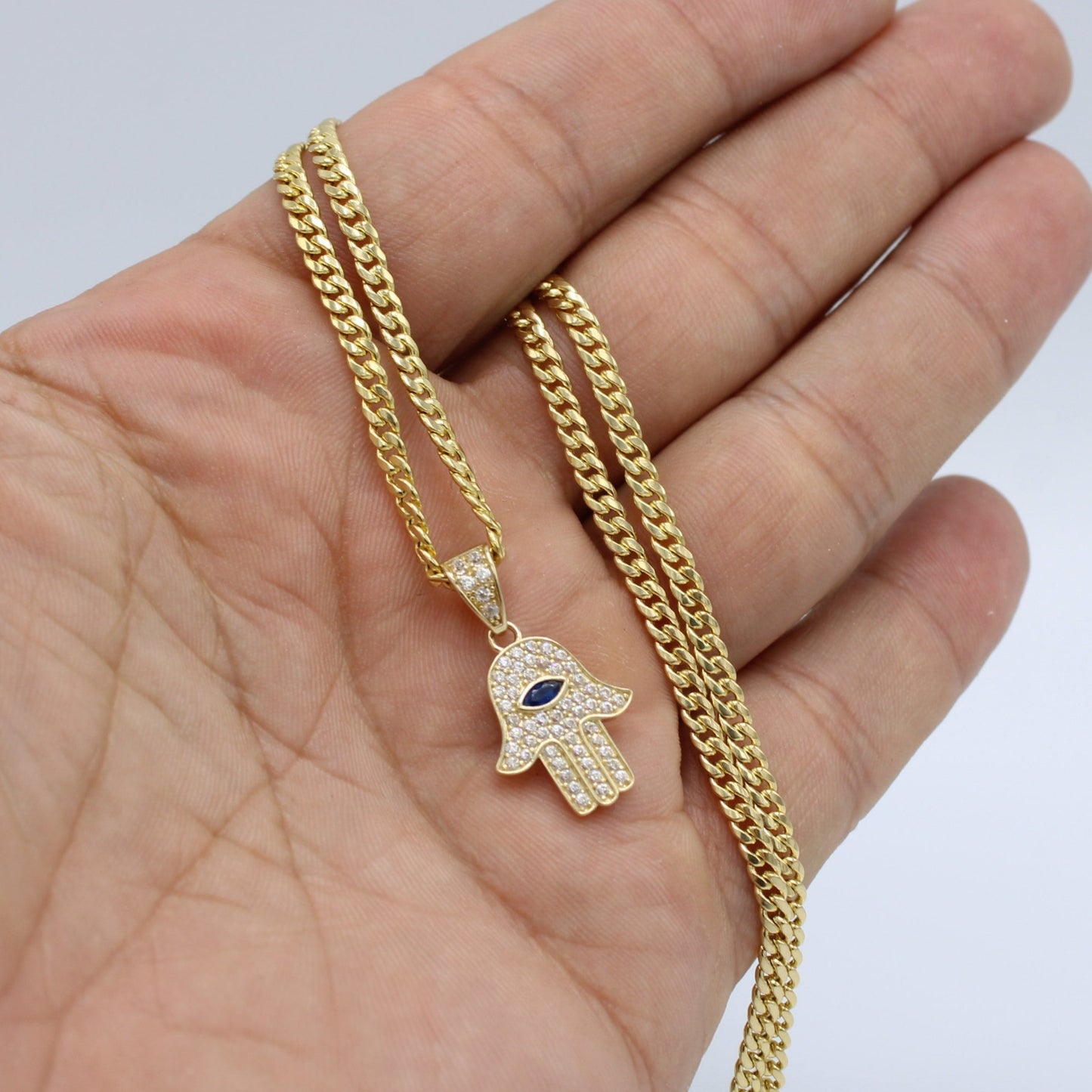 14K Hamsa Pendant Cz Stones with Miami Cuban Chain Yellow Gold
