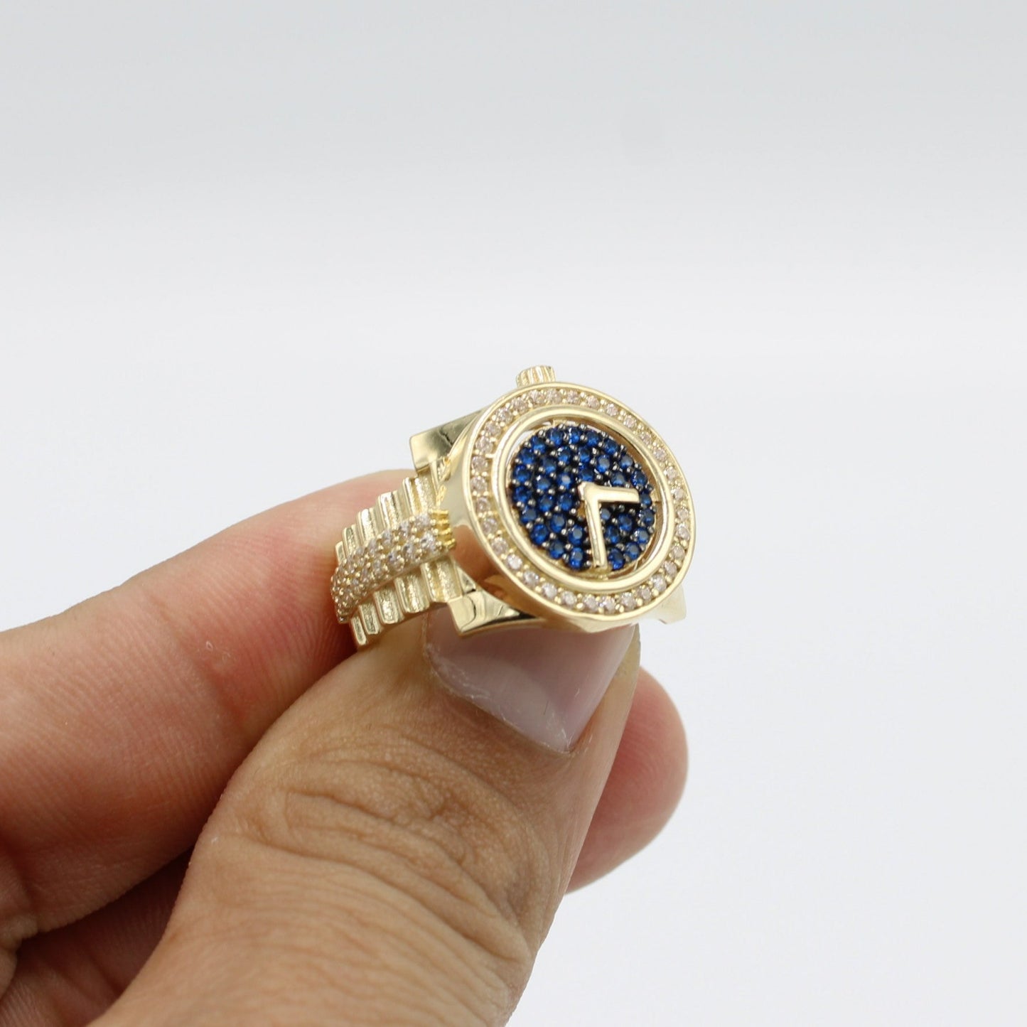 14K Watch Dising Men's Ring Cz Stones ( Blue Stones ) Yellow Gold