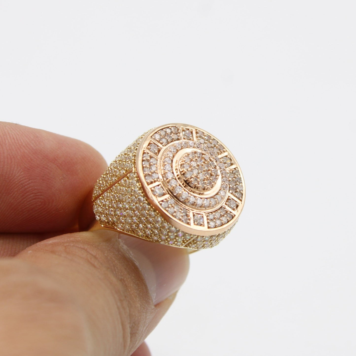 14K Round Men's Ring Cz Stones Two Tones Rose - Yellow Gold