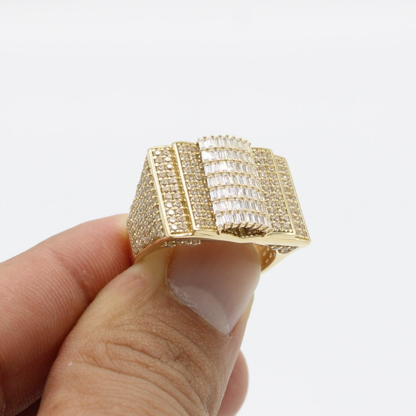 14K Square Men's Ring Cz Stones / Baguette Yellow Gold