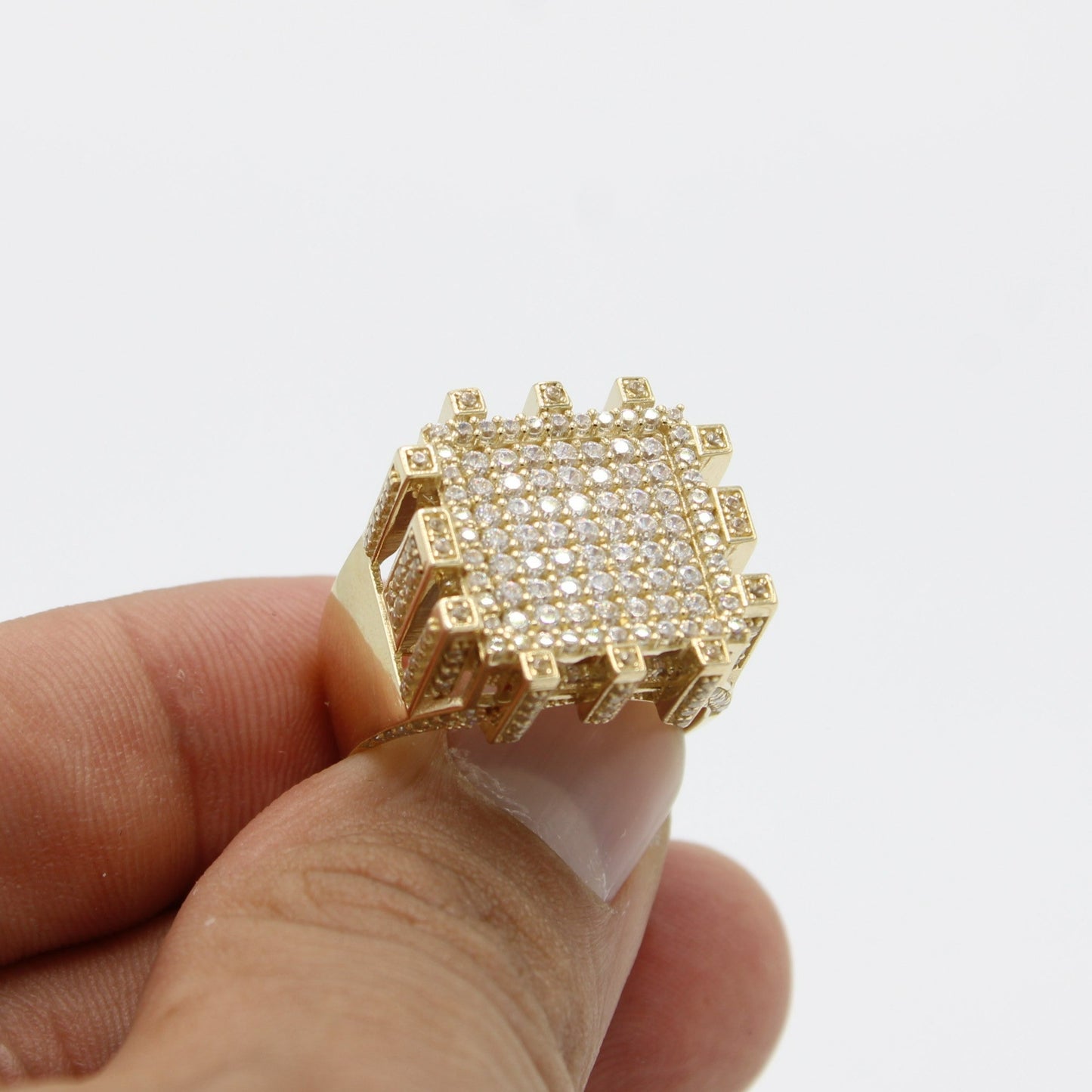 14K Square Men's Ring Cz Stones Yellow Gold