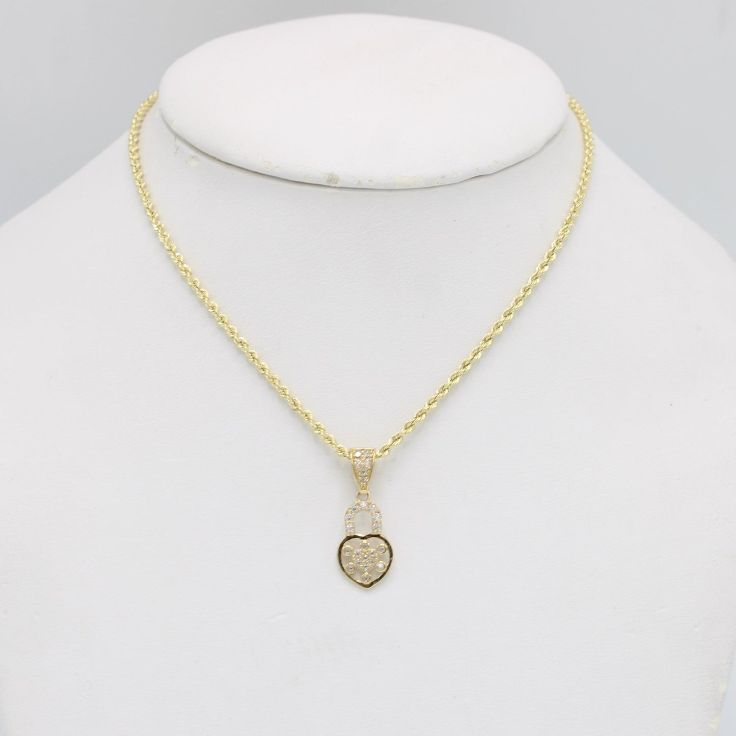 14K Lock - Heart Pendant Cz Stones With Rope Chain Yellow Gold