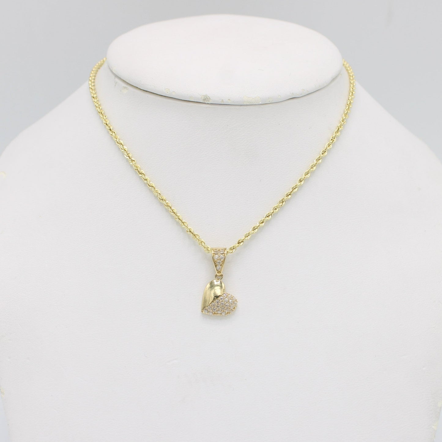 14K Heart Pendant Cz Stones With Rope Chain Yellow Gold