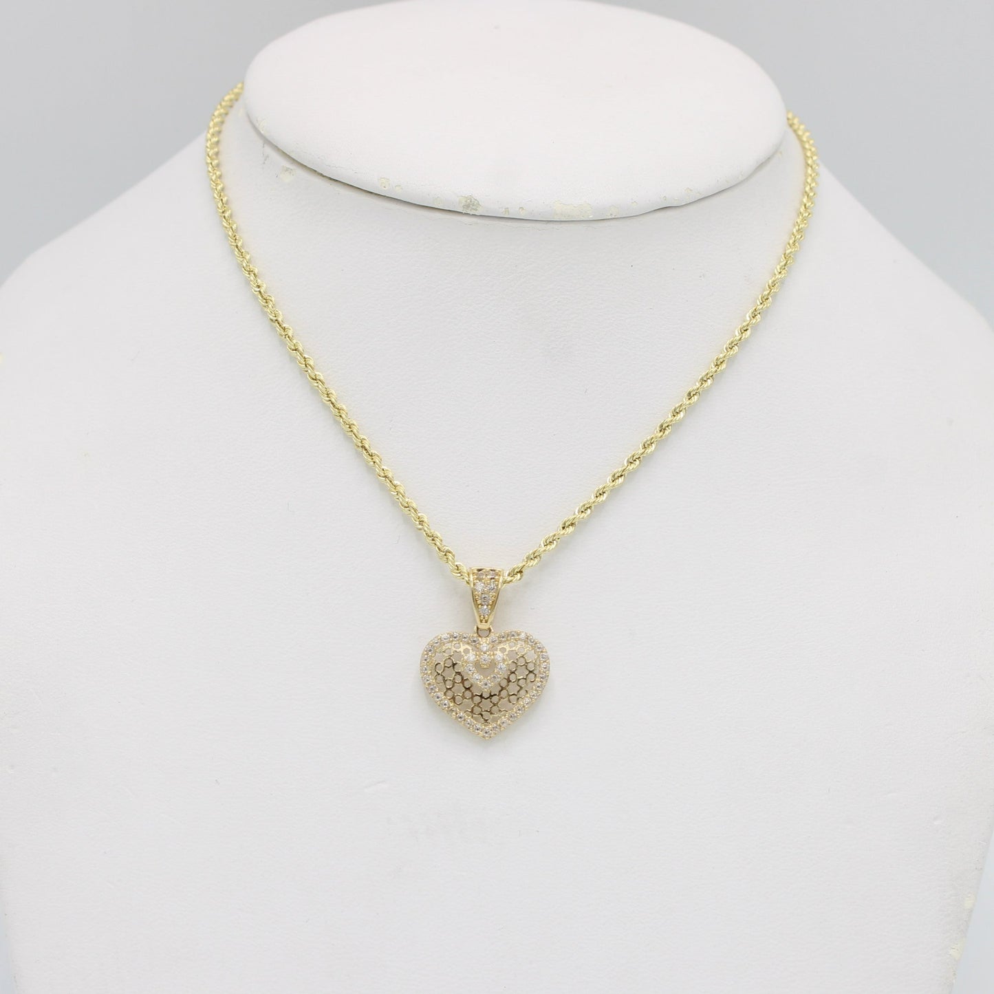14K Heart Pendant Cz Stones With Rope Chain Yellow Gold