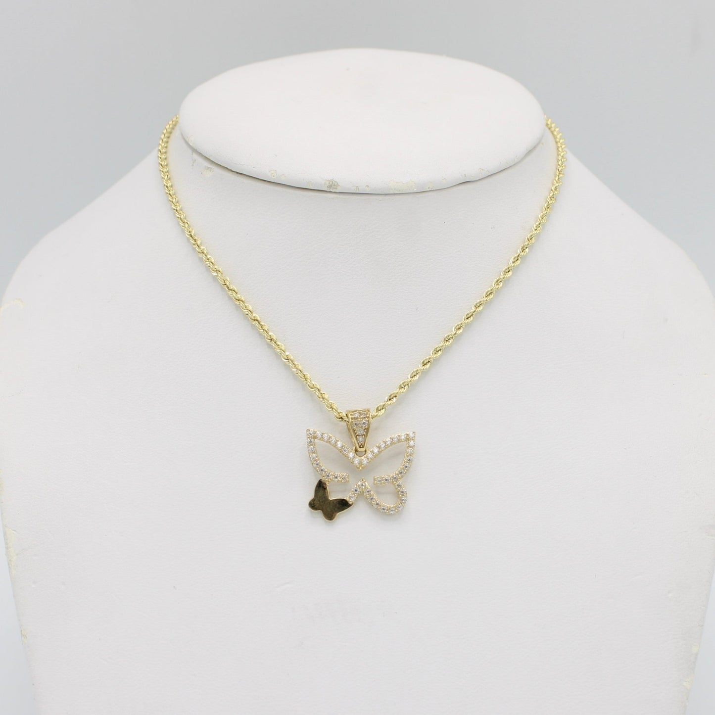 14K Butterlfy Pendant With Rope Chain Yellow Gold