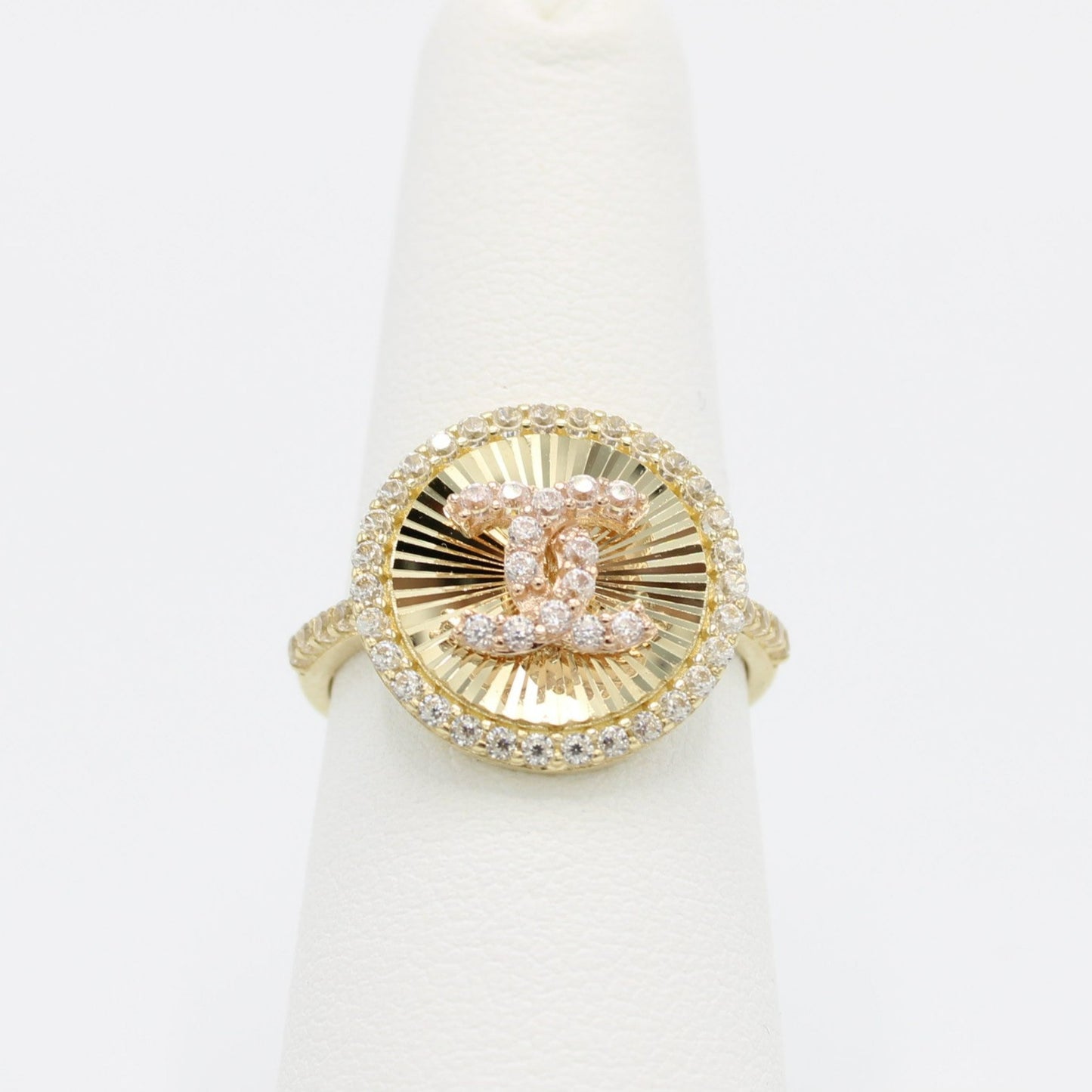 14K Fancy Women's Ring Cz StonesTwo Tones Yellow Gold