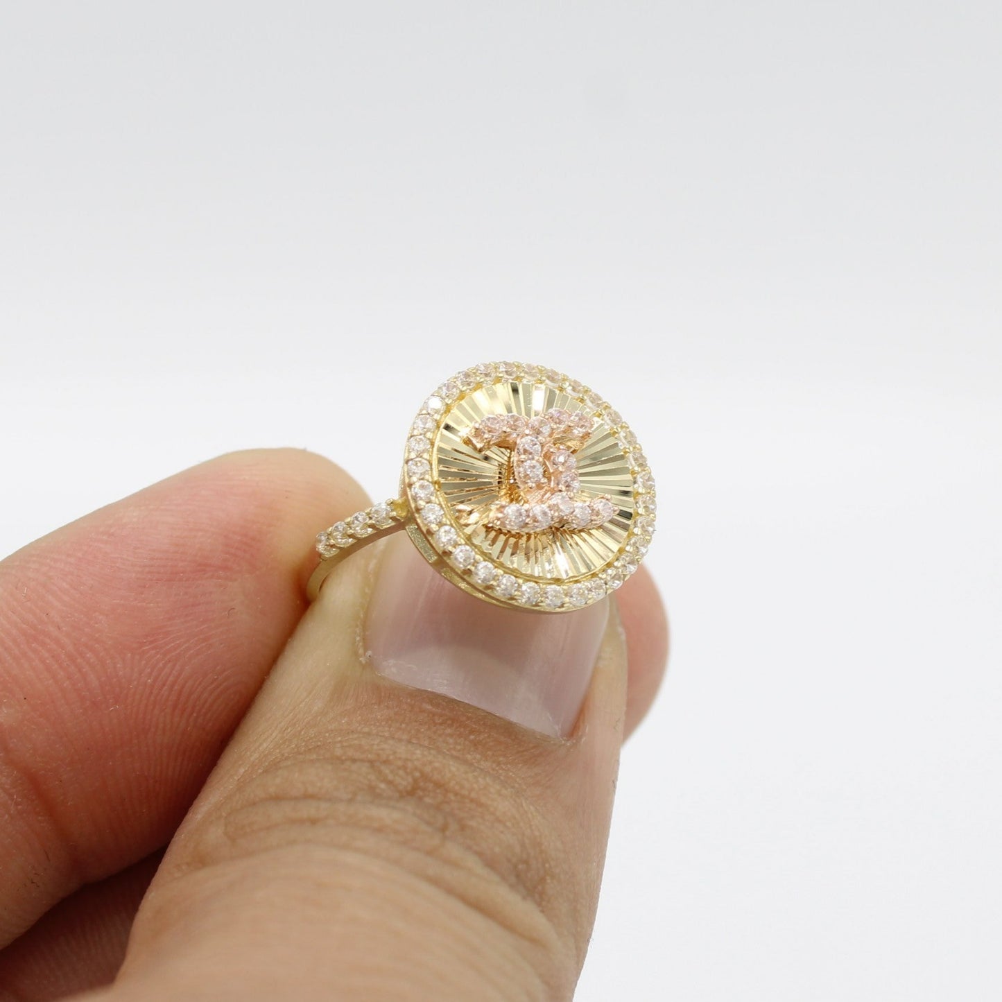 14K Fancy Women's Ring Cz StonesTwo Tones Yellow Gold