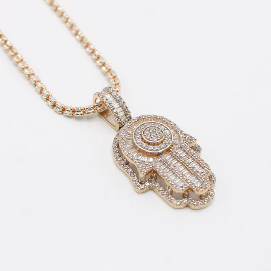 14K Hamsa Pendant Cz Stones with Ice Chain Rose Gold