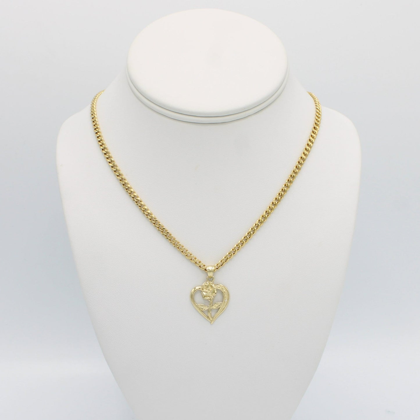 14K Rose Heart Pendant with Miami Cuban Chain Yellow Gold