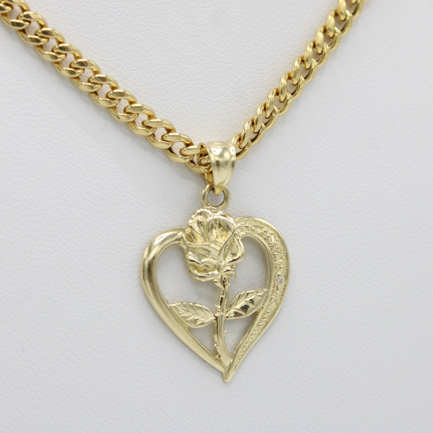14K Rose Heart Pendant with Miami Cuban Chain Yellow Gold