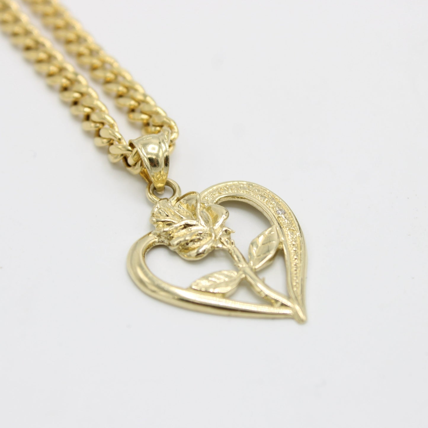 14K Rose Heart Pendant with Miami Cuban Chain Yellow Gold