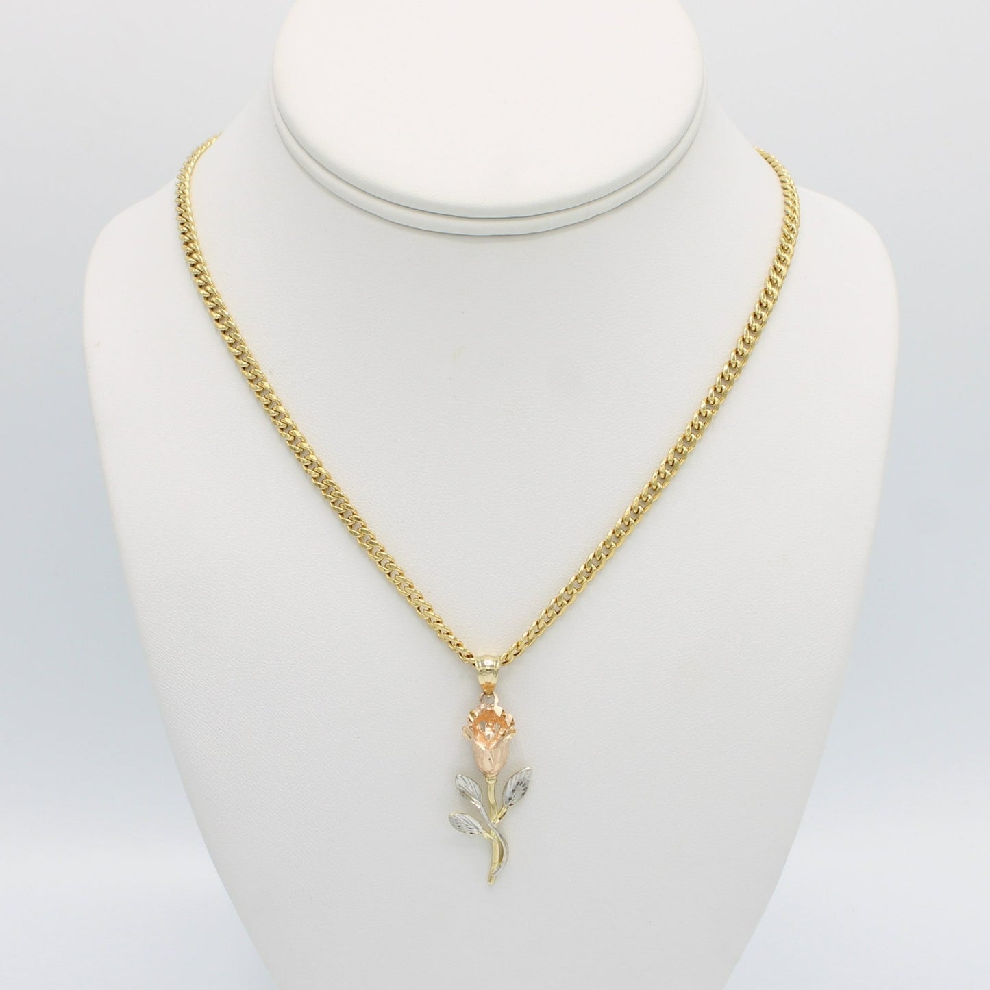 14K Rose Pendant Cz Stones with Miami Cuban Chain Yellow Gold