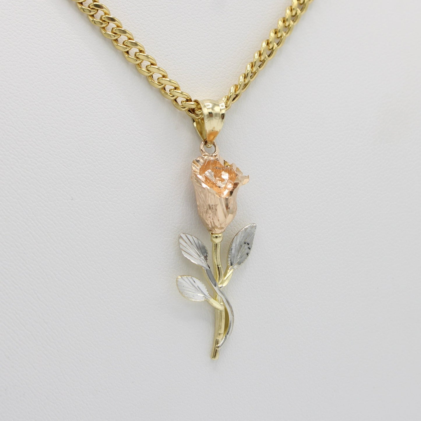 14K Rose Pendant Cz Stones with Miami Cuban Chain Yellow Gold