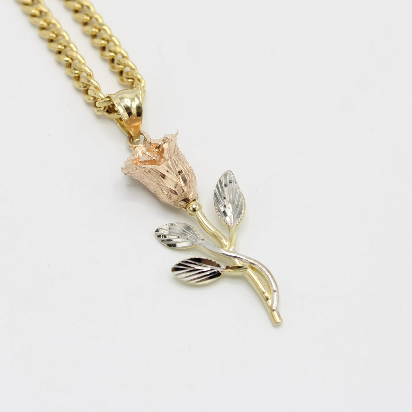 14K Rose Pendant Cz Stones with Miami Cuban Chain Yellow Gold