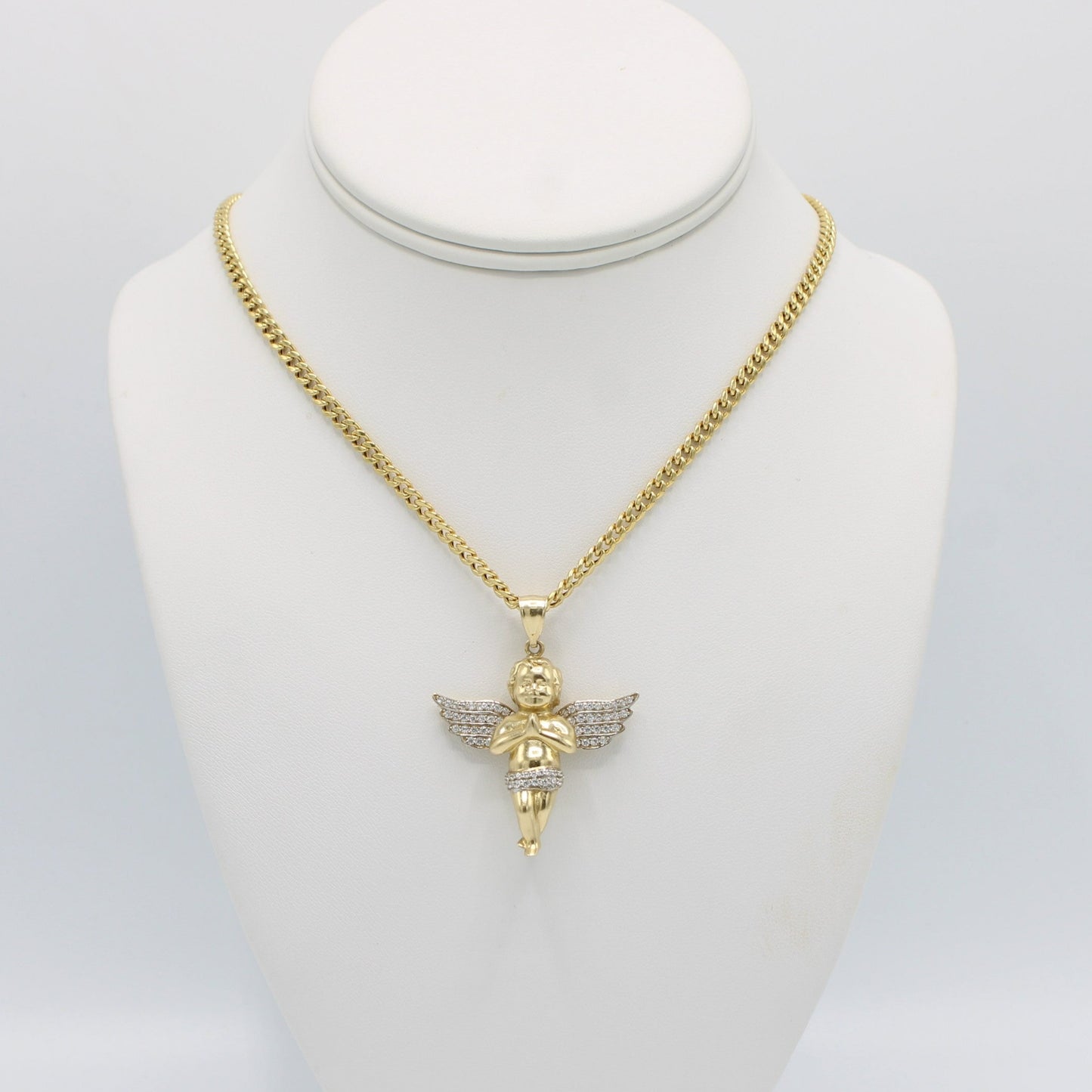 14K Angel Pendant Cz Stones wit Semi Solid Miami Cuban Chain Yellow Gold