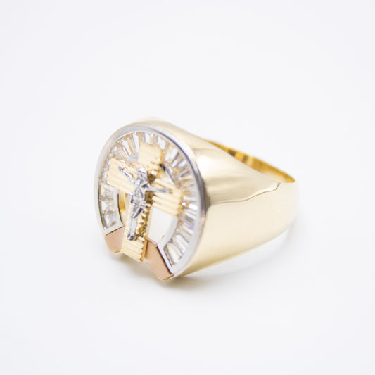 14K Round Cross Cz Men's Ring Yellow Gold