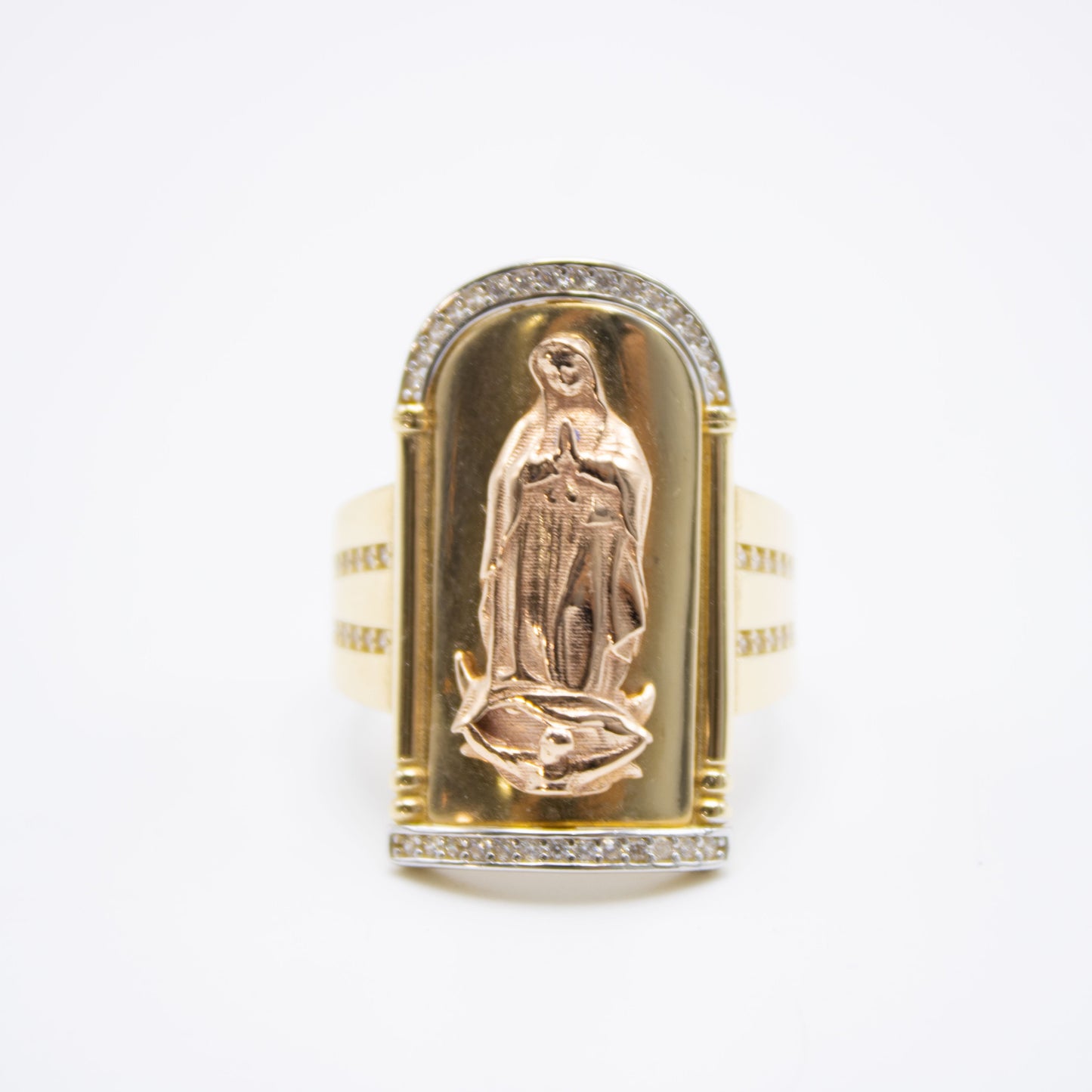 14K Virgen Maria Oval Cz Men's Ring Yellow Gold