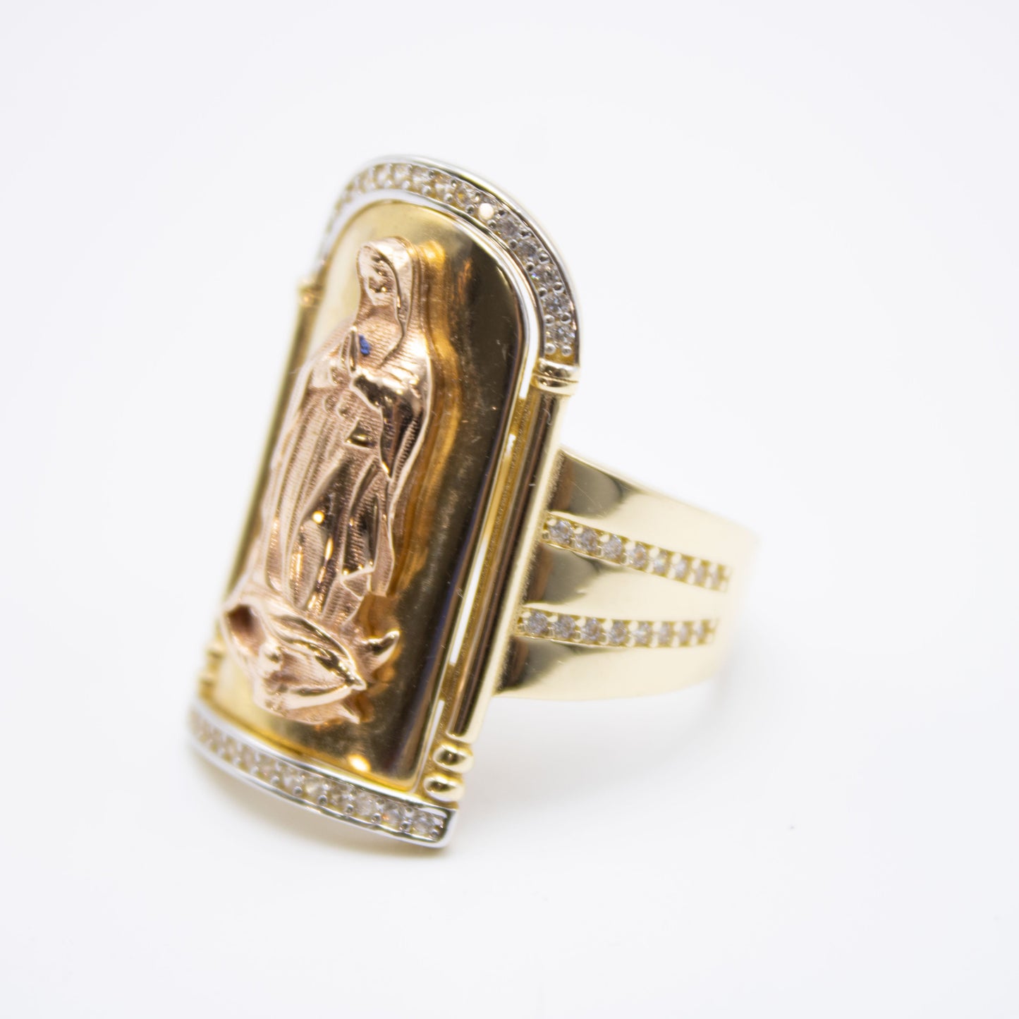 14K Virgen Maria Oval Cz Men's Ring Yellow Gold