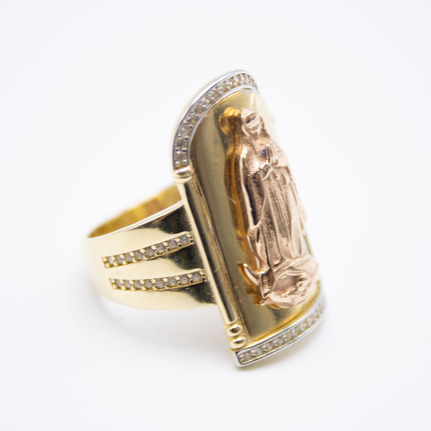 14K Virgen Maria Oval Cz Men's Ring Yellow Gold