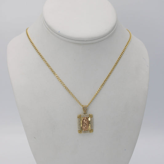 14K Virgen Guadalupe Pendant With Cuban Chain Two Tones Yellow Gold