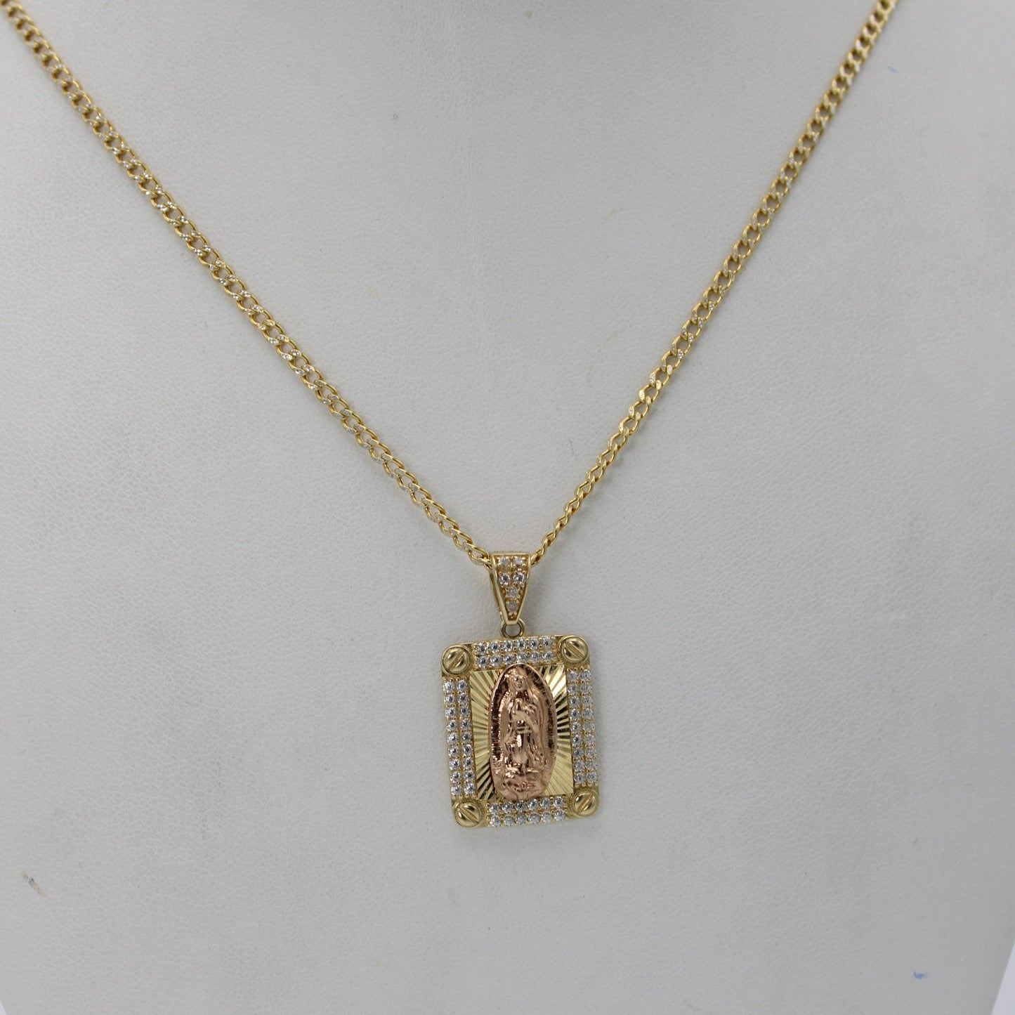 14K Virgen Guadalupe Pendant With Cuban Chain Two Tones Yellow Gold