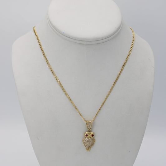 14K Owl Pendant With Cuban Chain Two Tones Yellow Gold