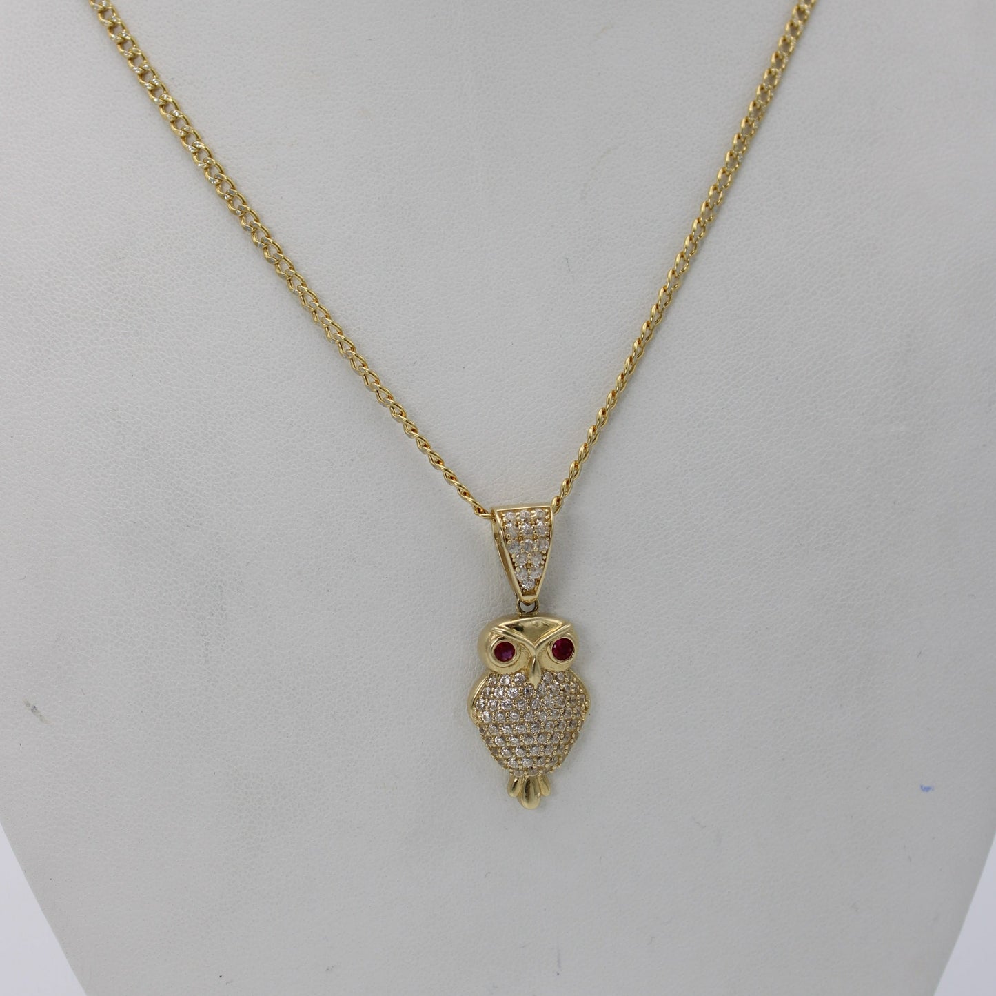 14K Owl Pendant With Cuban Chain Two Tones Yellow Gold