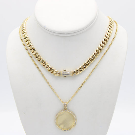 14K Hollow Choker With Picture Pendant With Cuban Chain Two Tones Yellow Gold