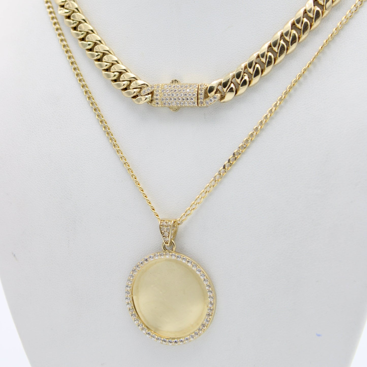 14K Hollow Choker With Picture Pendant With Cuban Chain Two Tones Yellow Gold