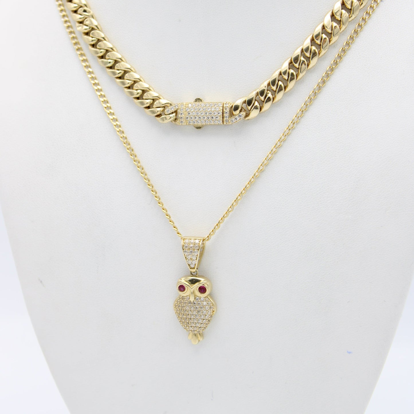 14k Hollow Choker With Owl Pendant With Cuban Chain Two Tones Yellow Gold