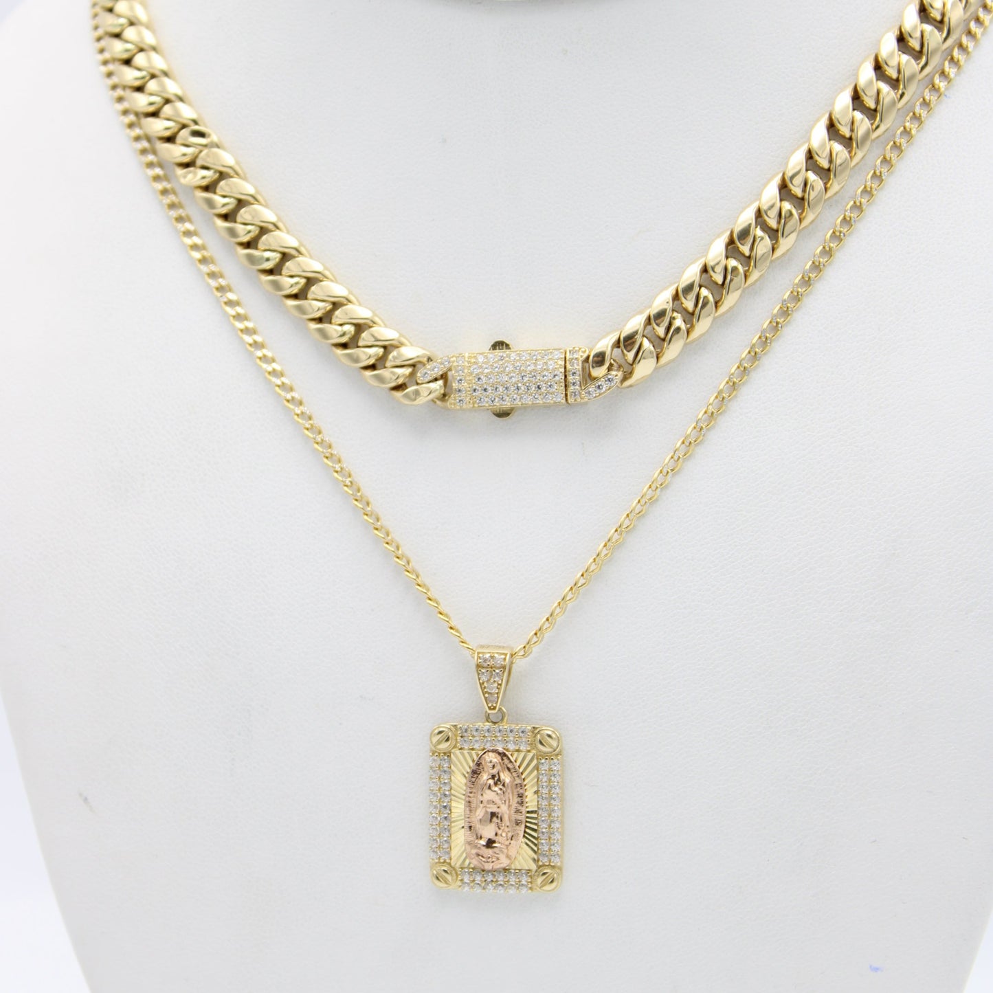 14k Hollow Choker With Virgen Guadalupe Pendant With Cuban Chain Two Tones Yellow Gold