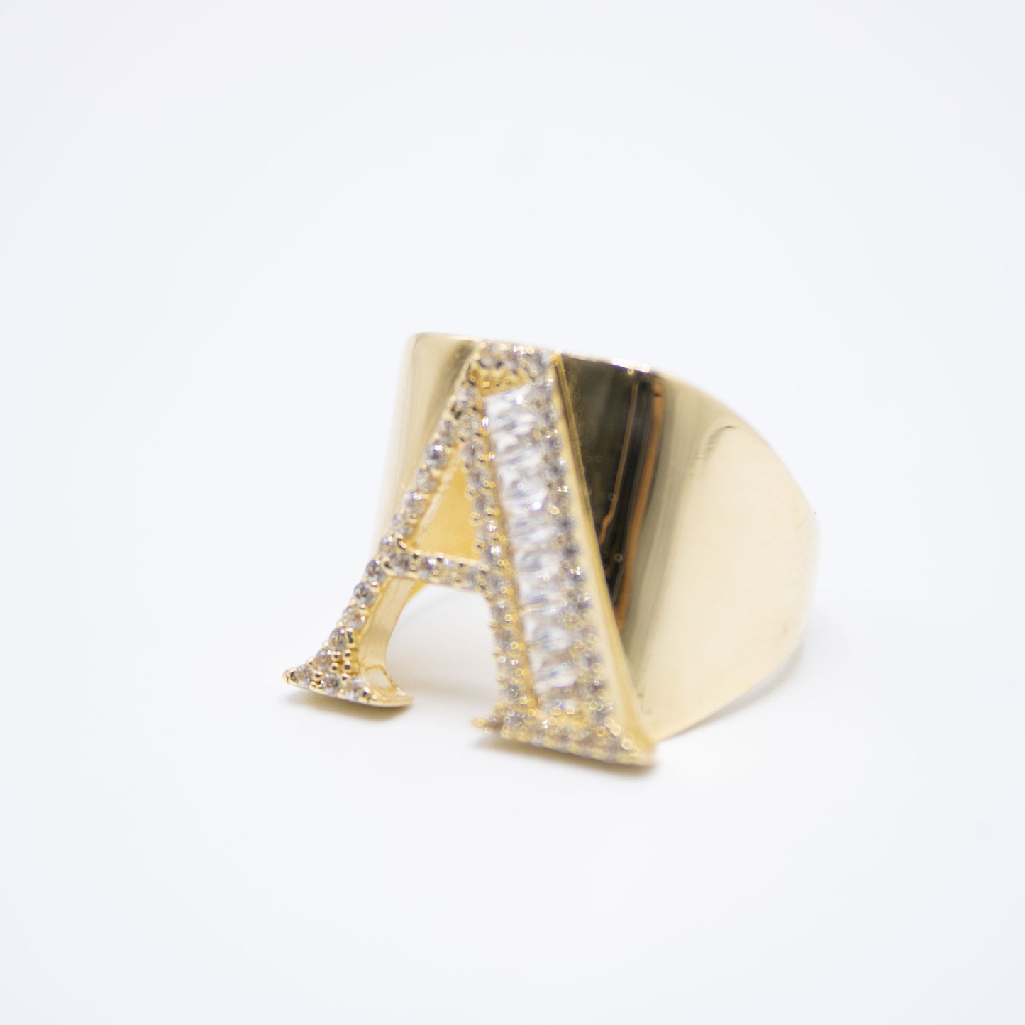 14k INITIAL RING BAGUETTE CZ YELLOW GOLD