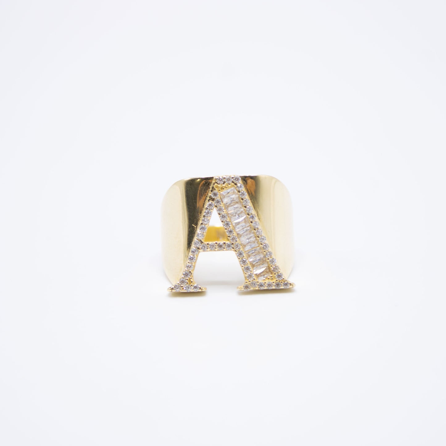 14k INITIAL RING BAGUETTE CZ YELLOW GOLD
