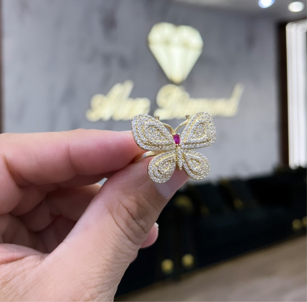 14K Butterfly Women's Ring Cz StonesTwo Tones Yellow Gold