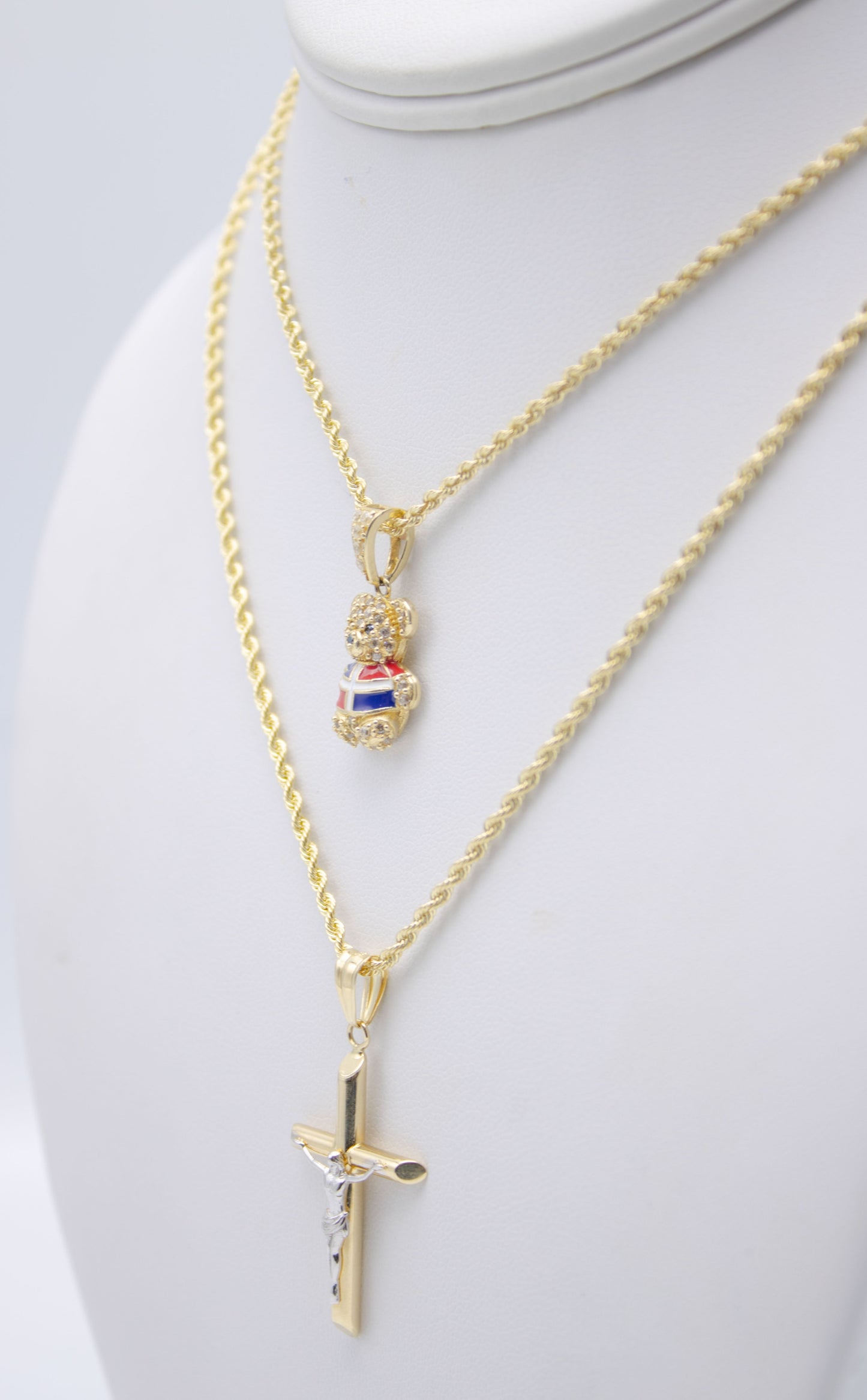 14K TEDDY BEAR DOMINICAN FLAT - CROSS PENDANT + FREE EARRINGS