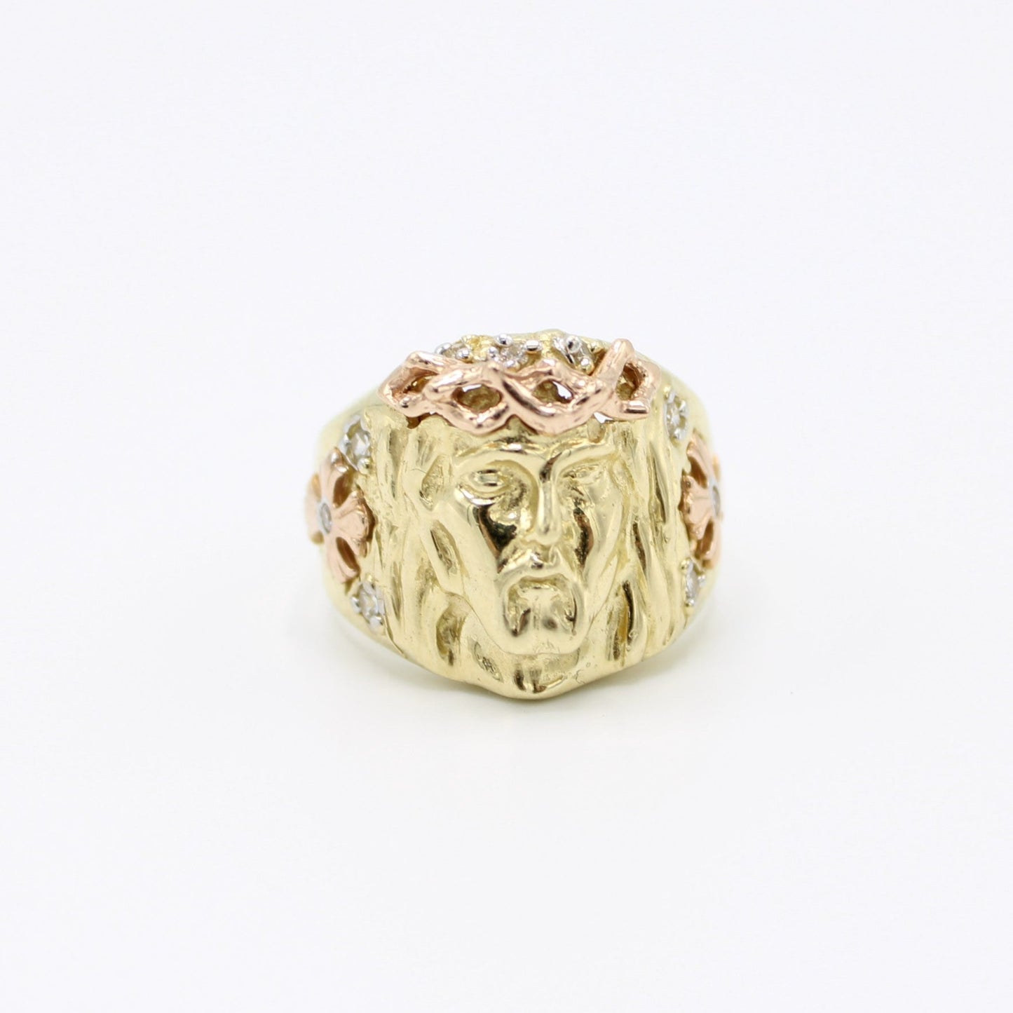14K Jesus Face Cz Men's Ring Yellow and Rose Gold Tones