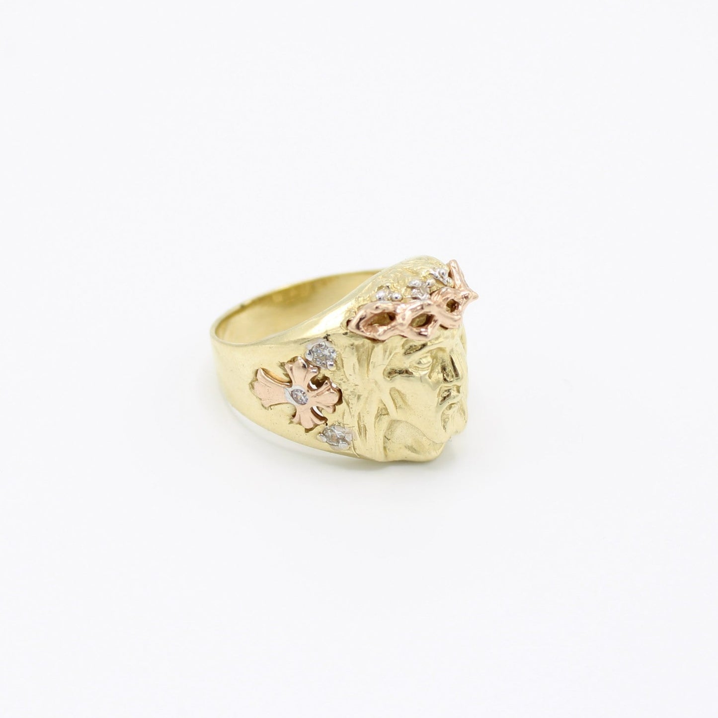 14K Jesus Face Cz Men's Ring Yellow and Rose Gold Tones