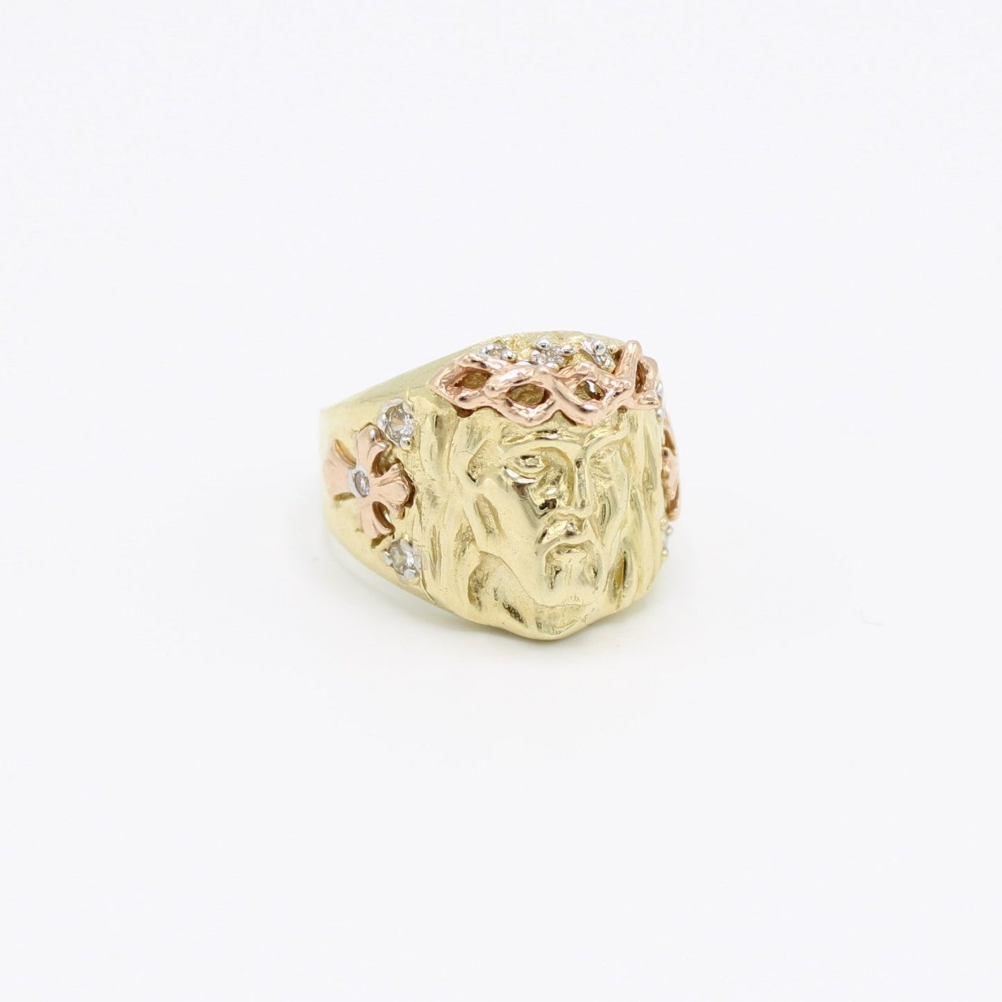 14K Jesus Face Cz Men's Ring Yellow and Rose Gold Tones