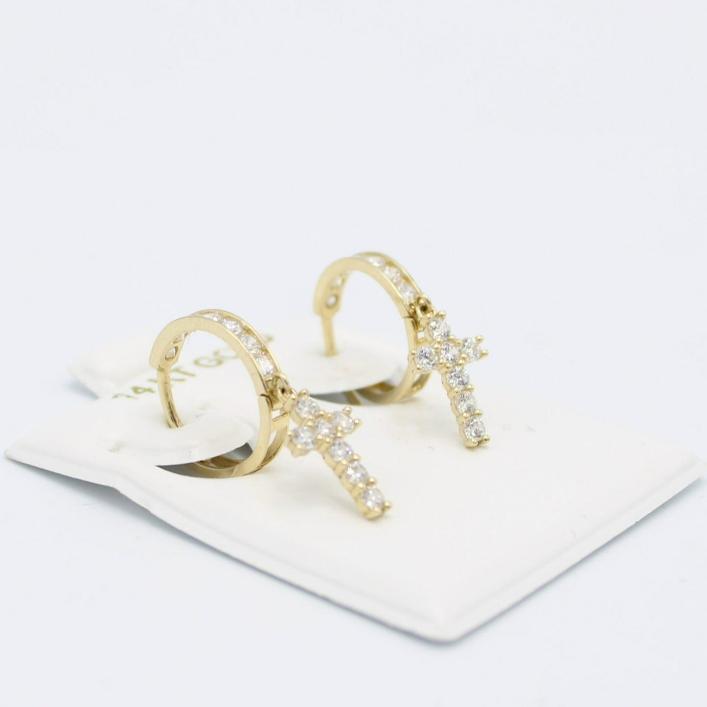 14K Small Cross Men's Hoop Cz Stones