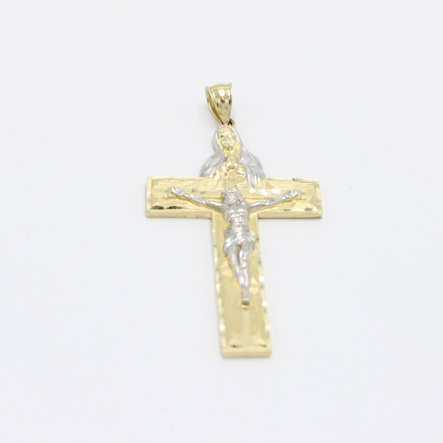 14K Jesus Christ Cross with The Virgen Maria on the top Pendant (Yellow and white Gold)
