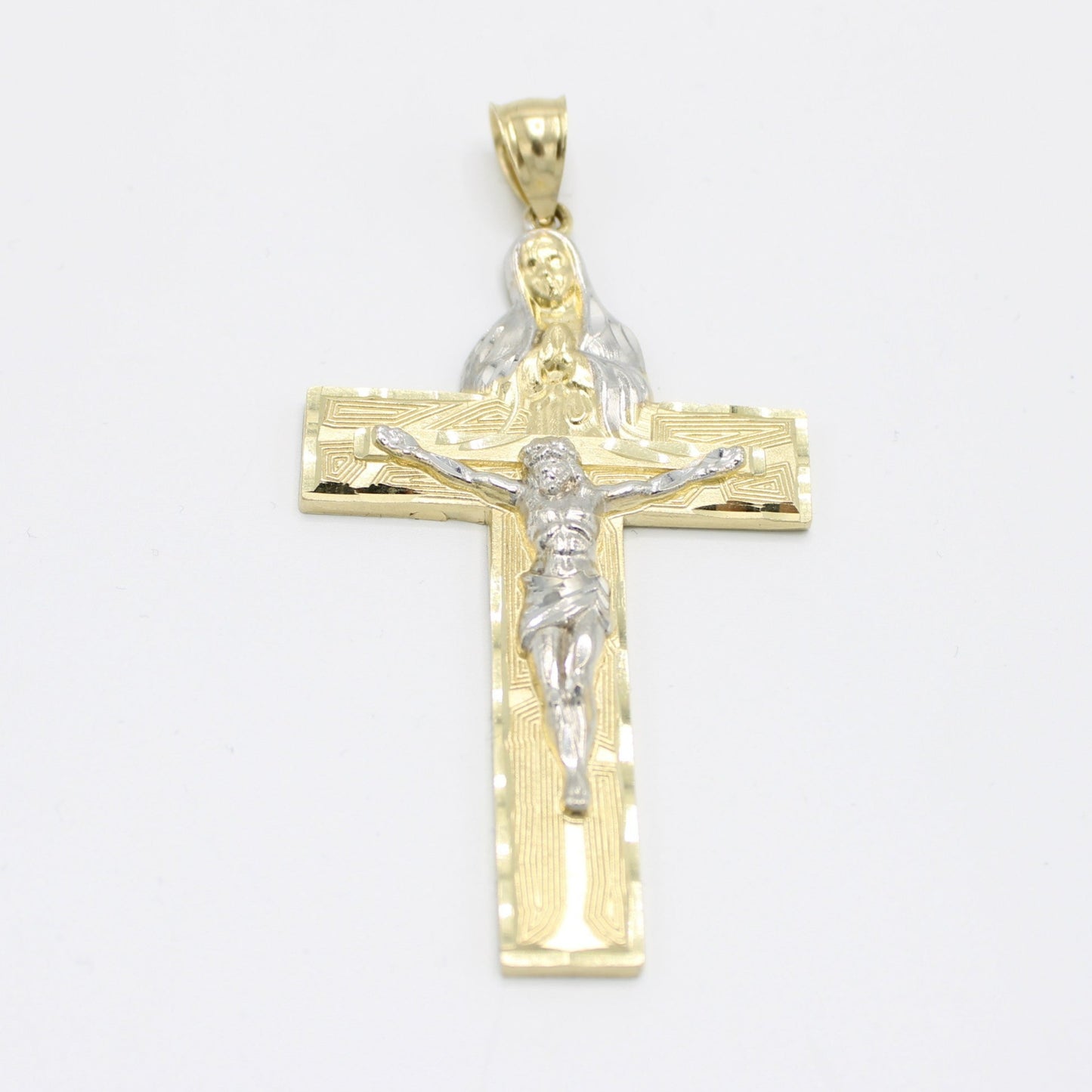 14K Jesus Christ Cross with The Virgen Maria on the top Pendant (Yellow and white Gold)