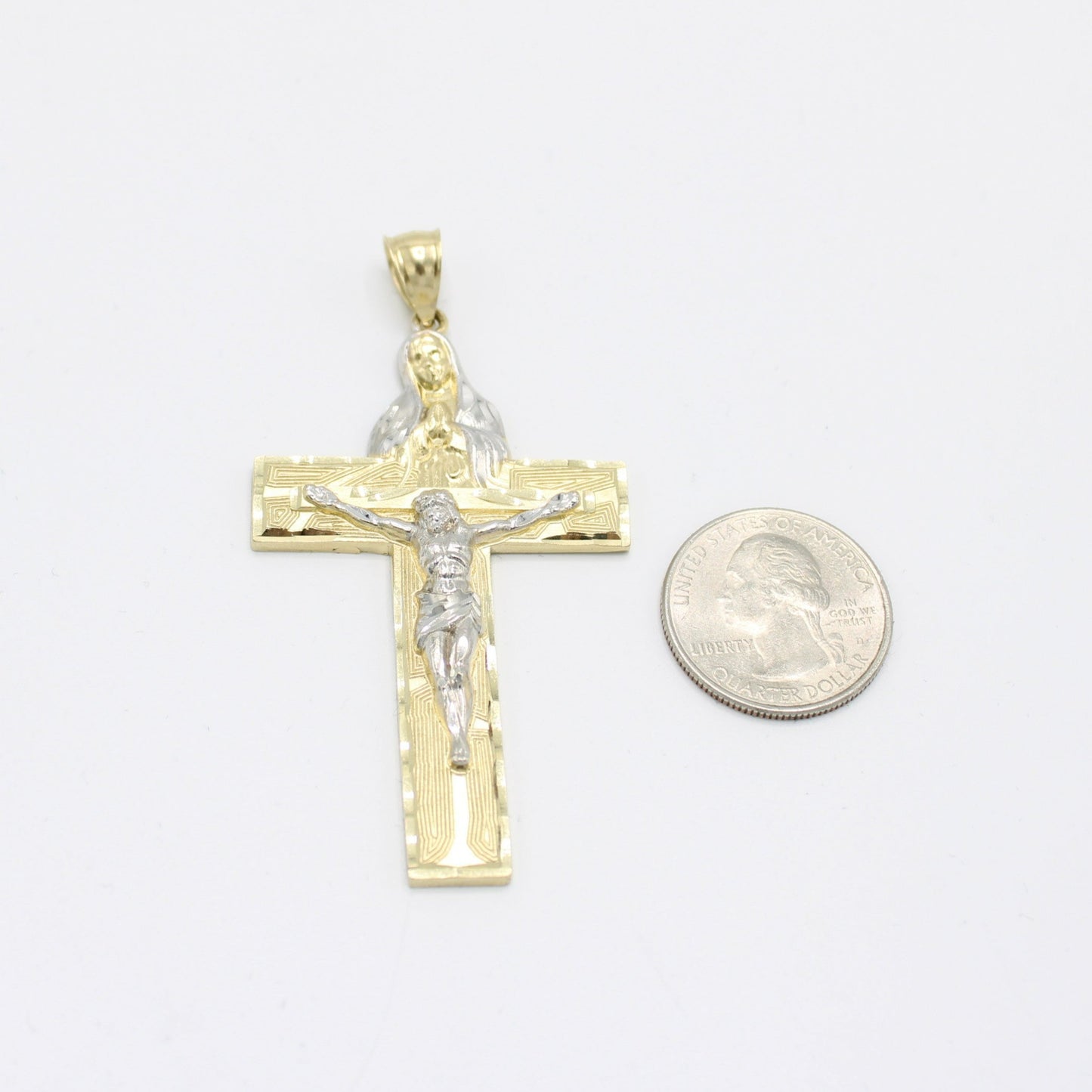 14K Jesus Christ Cross with The Virgen Maria on the top Pendant (Yellow and white Gold)