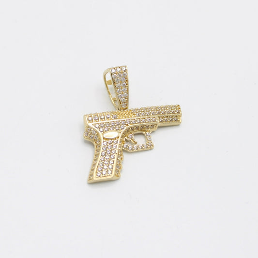 14K Ice-Out (Gun) Pistol Cz Stones Pendant Yellow Gold