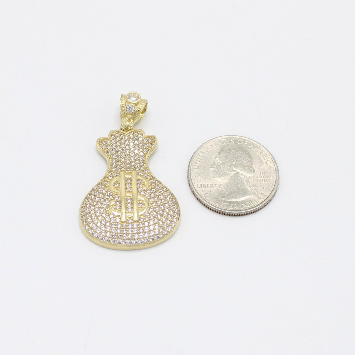 14K Money Bag Cz Stones Pendant Yellow Gold