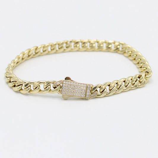 14K Women's Semi-Solid Cuban Bracelet Cz Stones At Lock