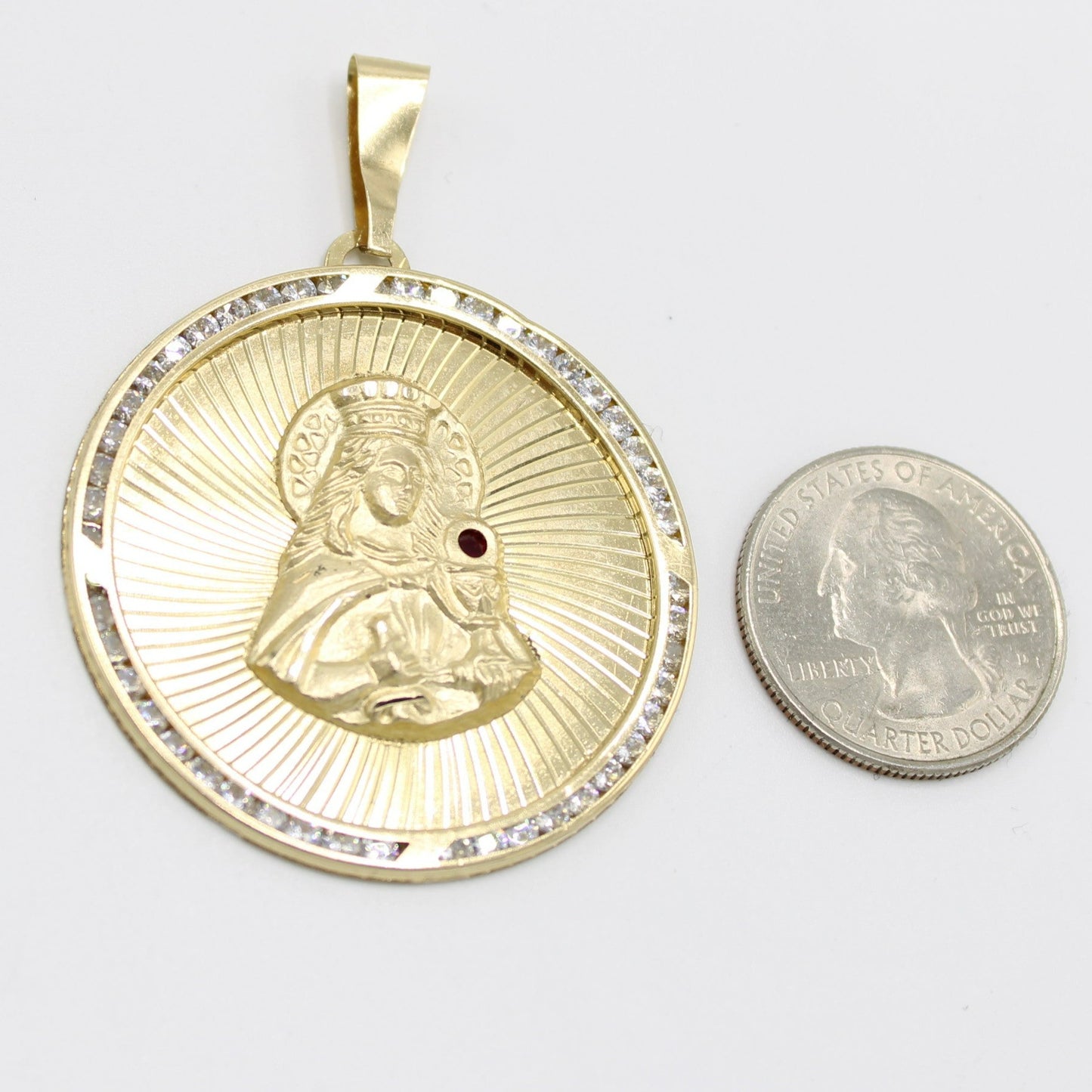 14K Virgen De La Altagracia Pendant Cz Stones Yellow Gold